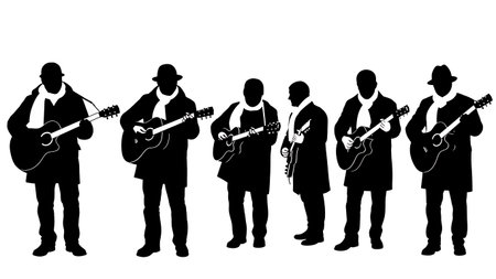 Black Solid Winter Busker Guitarist Silhouettes Set of Six on White Background isolated on plain white background.のイラスト素材