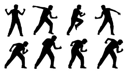 Black Solid Zumba Instructor Silhouettes Set of Six on White Background isolated on plain white background.のイラスト素材