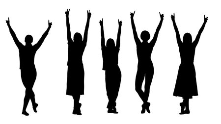 Black Solid Victory Pose Arms Raised Silhouettes Set of Six isolated on plain white background.のイラスト素材