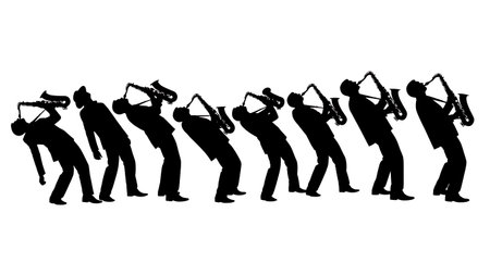 Black Solid Extreme Lean Saxophone Silhouettes Set of Six on White Background isolated on plain white background.のイラスト素材