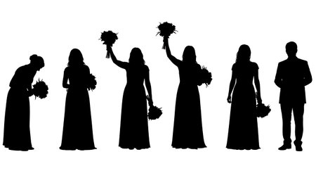 Black Solid Singer Holding Flowers Silhouettes Set of Six on White Background isolated on plain white background.のイラスト素材