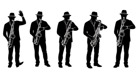 Black Solid Saxophone Player Checking Time Silhouettes Set of Six on White Background isolated on plain white background.のイラスト素材