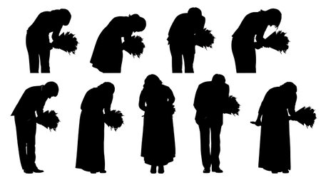 Black Solid Singer Holding Flowers Silhouettes Set of Six on White Background isolated on plain white background.のイラスト素材