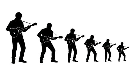 Black Solid Ukulele Player Silhouettes Set of Six on White Background isolated on plain white...