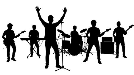 Black Solid Teen Garage Band Guitarist Silhouettes Set of Six on White Background isolated on plain white background.のイラスト素材