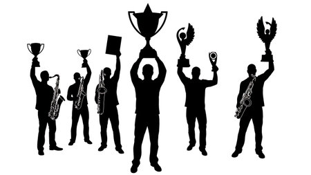 Black Solid Saxophone Player with Trophy Silhouettes Set of Six on White Background isolated on plain white background.のイラスト素材