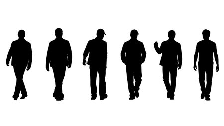 Black Solid Walking With Swag Silhouettes Set of Six isolated on plain white background.のイラスト素材