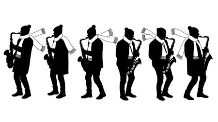 Black Solid Winter Saxophone Player Silhouettes Set of Six on White Background isolated on plain white background.のイラスト素材