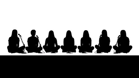 Black Solid Singer Cross Legged Stage Silhouettes Set of Six on White Background isolated on plain white background.のイラスト素材