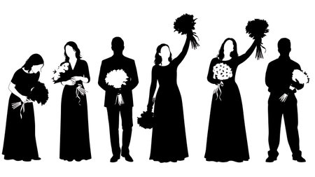 Black Solid Singer Holding Flowers Silhouettes Set of Six on White Background isolated on plain white background.のイラスト素材