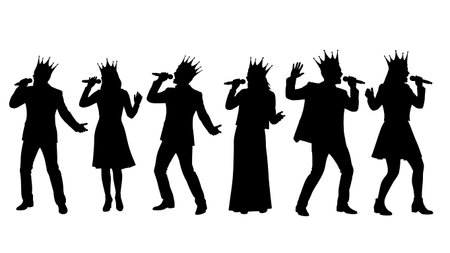 Black Solid Singer Wearing Crown Silhouettes Set of Six on White Background isolated on plain white background.のイラスト素材
