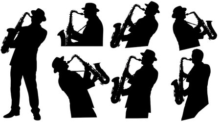 Black Solid Walking Saxophone Player Silhouettes Set of Six on White Background isolated on plain white background.のイラスト素材