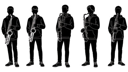 Black Solid Teen Saxophone Player Silhouettes Set of Six on White Background isolated on plain white background.のイラスト素材