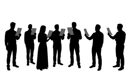 Black Solid Singer Holding Lyrics Silhouettes Set of Six on White Background isolated on plain white background.のイラスト素材