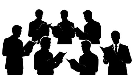 Black Solid Singer Holding Lyrics Silhouettes Set of Six on White Background isolated on plain white background.のイラスト素材