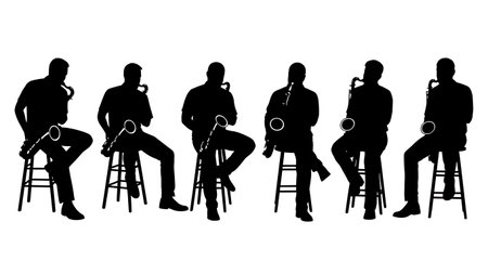 Black Solid Sitting Blues Saxophone Player Silhouettes Set of Six on White Background isolated on plain white background.のイラスト素材