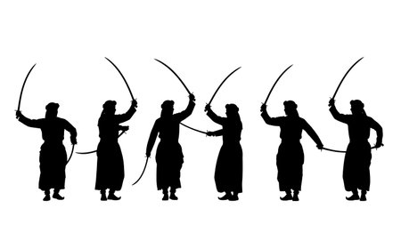 Black Solid Sword Dance Silhouettes Set of Six on White Background isolated on plain white background.のイラスト素材