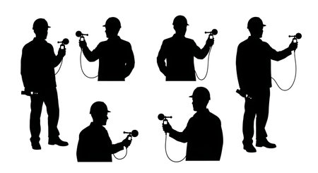 Black Solid Acoustic Engineer Silhouettes Set of Six on White Background isolated on plain white background.のイラスト素材