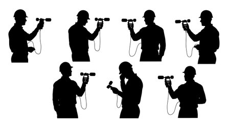 Black Solid Acoustic Engineer Silhouettes Set of Six on White Background isolated on plain white background.のイラスト素材