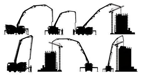 Black Solid Static Concrete Pump Line Silhouettes Set of Six on White Background isolated on plain white background.のイラスト素材