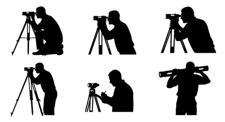 Black Solid Surveyor Auto Level Silhouettes Set of Six on White Background isolated on plain white background.のイラスト素材