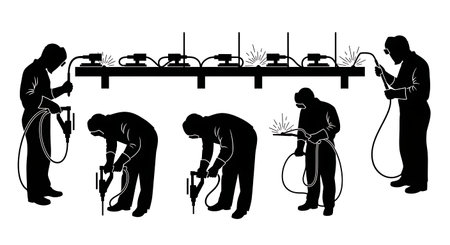 Black Solid Spot Welder Handheld Clamp Silhouettes Set of Six on White Background isolated on plain white background.のイラスト素材