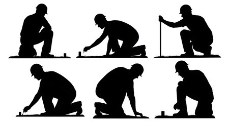 Black Solid Surveyor Kneeling Check Silhouettes Set of Six on White Background isolated on plain white background.のイラスト素材