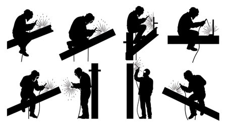 Black Solid Structural Beam Welder Overhead Silhouettes Set of Six on White Background isolated on...