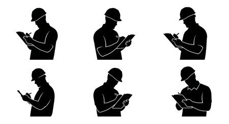 Black Solid Surveyor Clipboard Writing Silhouettes Set of Six on White Background isolated on plain white background.のイラスト素材