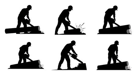 Black Solid Surveyor Chainsaw Clear Silhouettes Set of Six on White Background isolated on plain white background.のイラスト素材