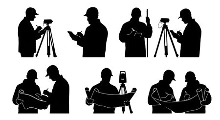 Black Solid Surveyor Calculator Math Silhouettes Set of Six on White Background isolated on plain white background.のイラスト素材