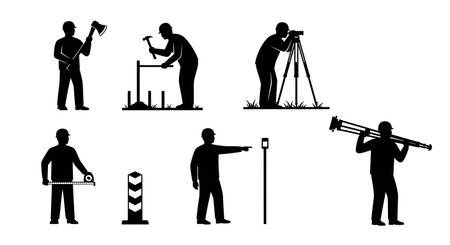 Black Solid Surveyor Axe Peg Silhouettes Set of Six on White Background isolated on plain white background.のイラスト素材