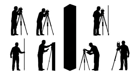 Black Solid Surveyor Building Corner Silhouettes Set of Six on White Background isolated on plain white background.のイラスト素材