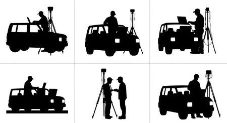 Black Solid Surveyor Laptop Truck Silhouettes Set of Six on White Background isolated on plain white background.のイラスト素材