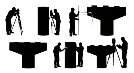 Black Solid Surveyor Bridge Pier Silhouettes Set of Six on White Background isolated on plain white background.のイラスト素材