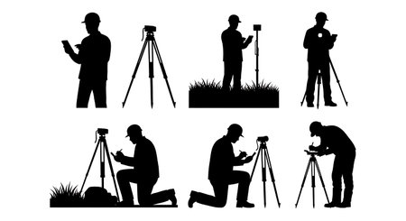 Black Solid Surveyor Calculator Math Silhouettes Set of Six on White Background isolated on plain white background.のイラスト素材