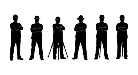 Black Solid Surveyor Arms Crossed Silhouettes Set of Six on White Background isolated on plain white background.のイラスト素材