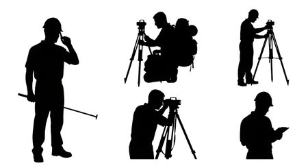 Black Solid Surveyor Adjust Helmet Silhouettes Set of Six on White Background isolated on plain white background.のイラスト素材