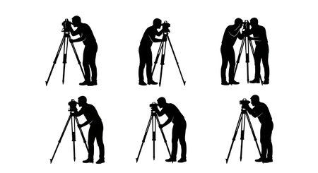 Black Solid Land Surveyor Silhouettes Set of Six on White Background isolated on plain white background.のイラスト素材