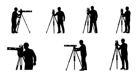 Black Solid Surveyor Bubble Level Silhouettes Set of Six on White Background isolated on plain white background.のイラスト素材