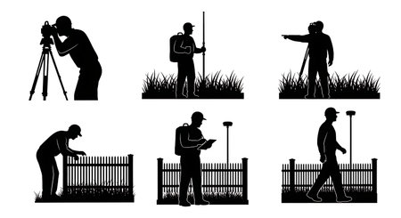 Black Solid Surveyor Fence Inspect Silhouettes Set of Six on White Background isolated on plain white background.のイラスト素材