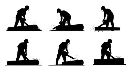 Black Solid Surveyor Chainsaw Clear Silhouettes Set of Six on White Background isolated on plain white background.のイラスト素材