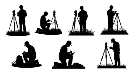 Black Solid Surveyor Calculator Math Silhouettes Set of Six on White Background isolated on plain white background.のイラスト素材