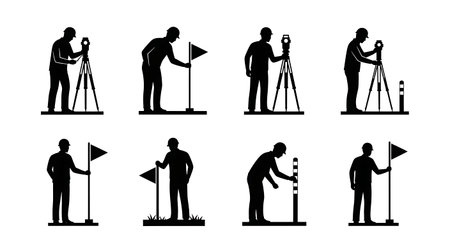 Black Solid Surveyor Marker Flag Silhouettes Set of Six on White Background isolated on plain white background.のイラスト素材