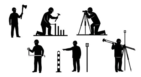 Black Solid Surveyor Axe Peg Silhouettes Set of Six on White Background isolated on plain white background.のイラスト素材