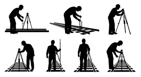 Black Solid Surveyor Railway Track Silhouettes Set of Six on White Background isolated on plain white background.のイラスト素材