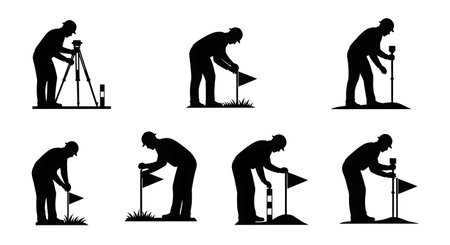 Black Solid Surveyor Marker Flag Silhouettes Set of Six on White Background isolated on plain white background.のイラスト素材