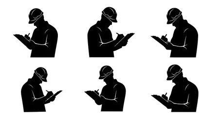 Black Solid Surveyor Clipboard Writing Silhouettes Set of Six on White Background isolated on plain white background.のイラスト素材