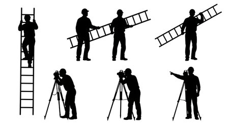 Black Solid Surveyor Carry Ladder Silhouettes Set of Six on White Background isolated on plain white background.のイラスト素材