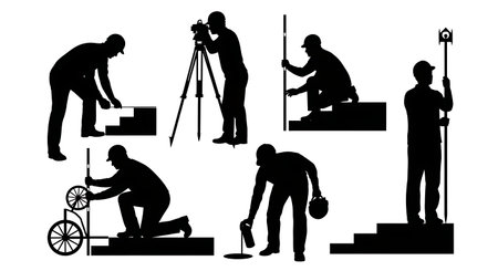 Black Solid Surveyor Measure Curb Silhouettes Set of Six on White Background isolated on plain white background.のイラスト素材